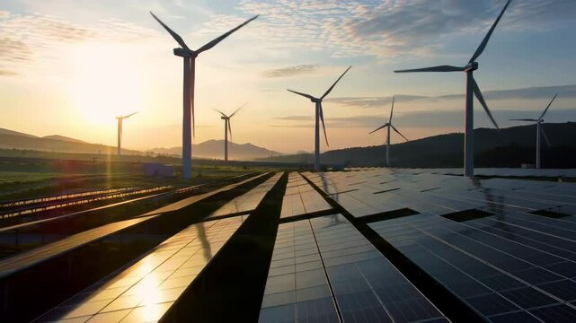 Sunrise over solar panels and wind turbines with animated light and motion