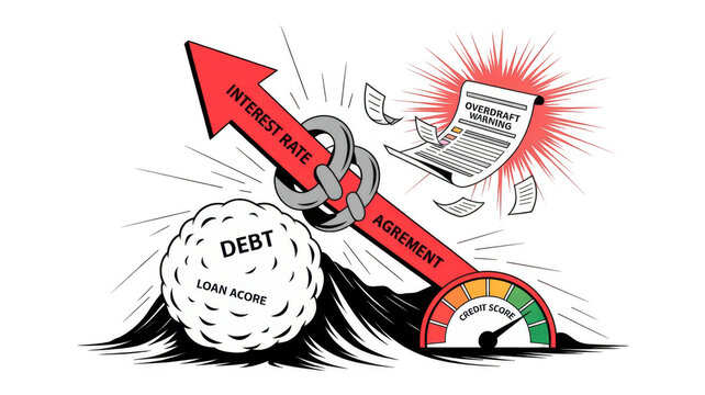 Crushing debt snowball symbolized by red arrows and chains, lowering credit score gauge and triggering overdraft warning on a transparent background