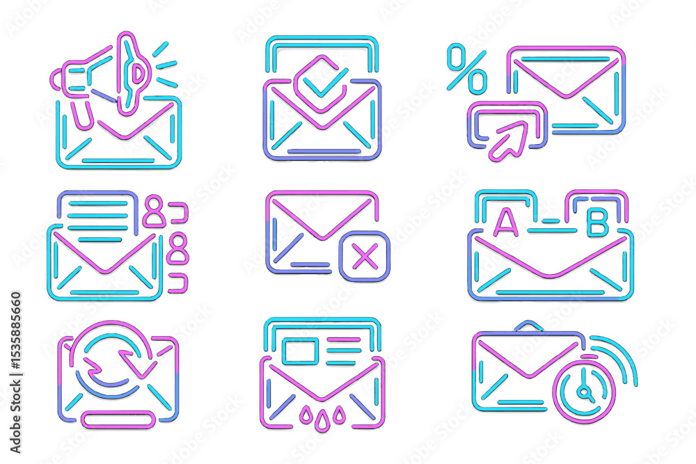 Poster neon email icons set featuring messages and notifications on dark background