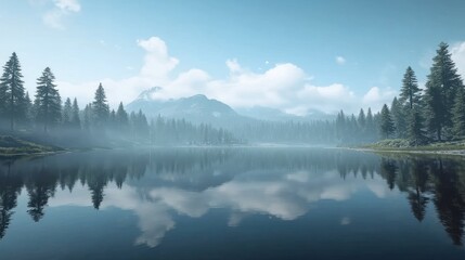 Fototapeta premium Misty mountain lake reflected