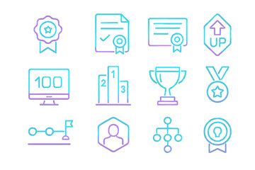 Neon achievement icons: trophies, medals, certificates, and leaderboards