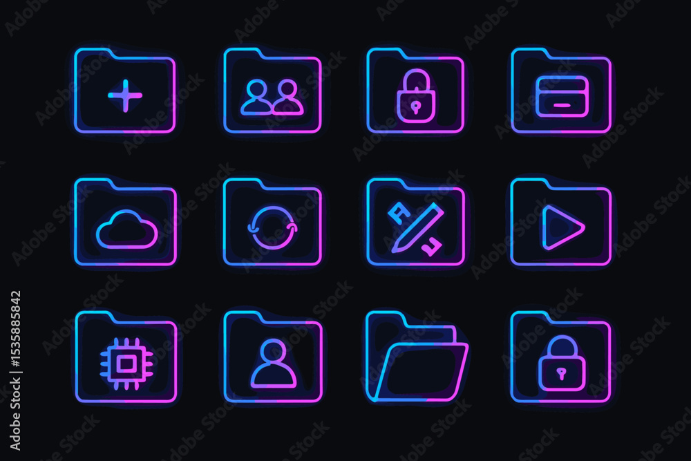 Poster neon folder icons for digital files and applications