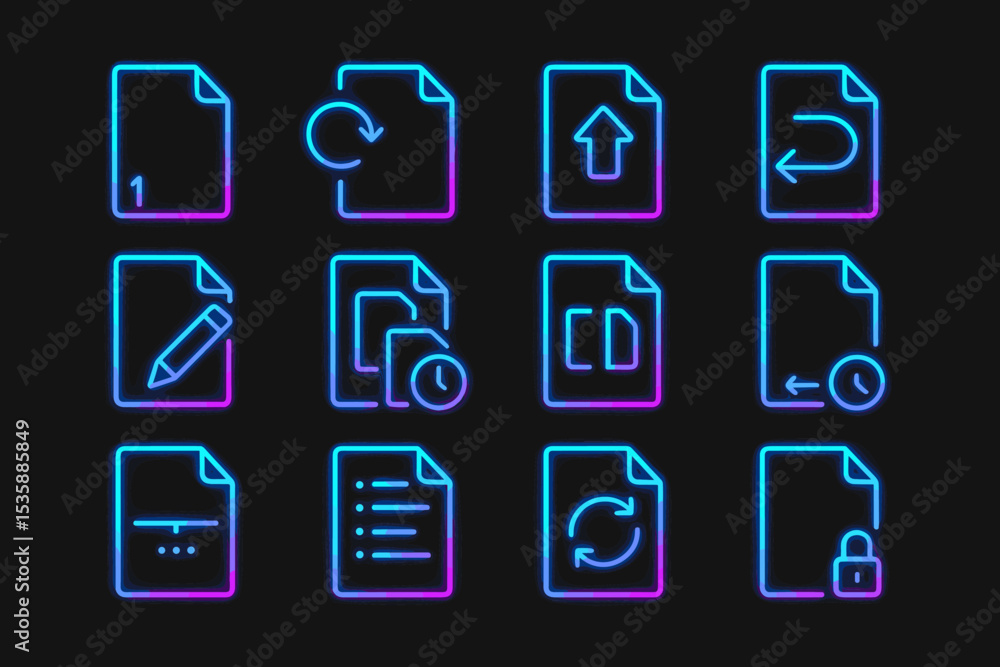 Poster neon file icons collection with arrows and symbols on transparent background