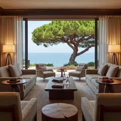 Fototapeta premium Coastal living room with ocean view and expansive sliding doors