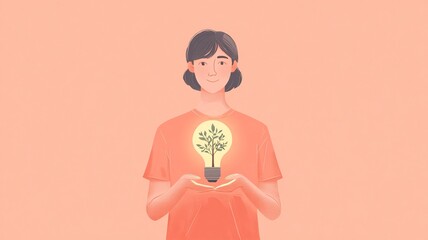 A person holding a glowing light bulb with a small tree growing inside, symbolizing hope, growth, and sustainability, minimalistic style