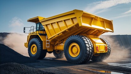 Obraz premium A massive yellow dump truck is transporting material on a sunny, industrial landscape.