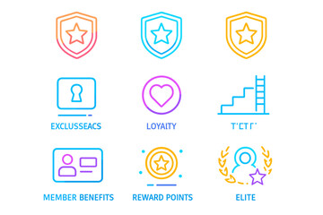 Neon security and loyalty icons in vibrant colors on black background