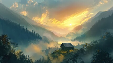 Mountain landscape illustration with scenic nature view