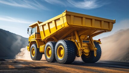 Obraz premium A large yellow dump truck travels along a dirt road, kicking up dust in a scenic landscape.