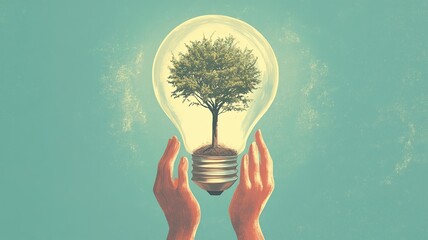 A person holding a glowing light bulb with a small tree growing inside, symbolizing hope, growth, and sustainability, minimalistic style