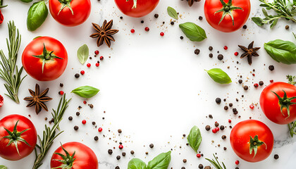 Fresh tomatoes herbs spices isolated white background. Red ripe vegetables, basil rosemary spices, healthy meal ingredients. Culinary, cooking, vegetarian eating background