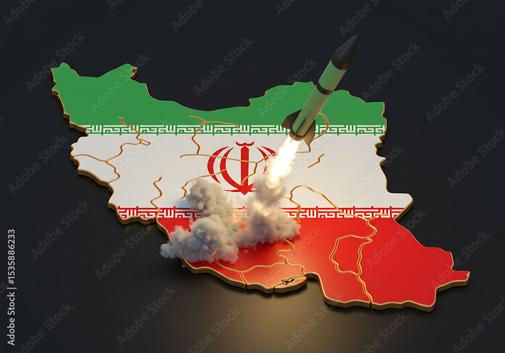 Poster iran missile launch program and nuclear capabilities concept with map and flag illustration render