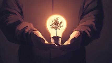A person holding a glowing light bulb with a small tree growing inside, symbolizing hope, growth, and sustainability, minimalistic style