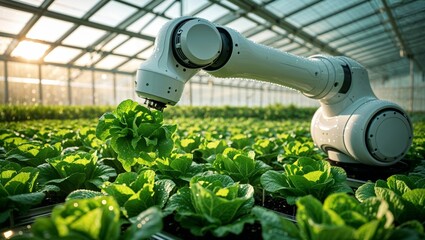A robotic arm efficiently harvests fresh lettuce in a modern greenhouse environment.