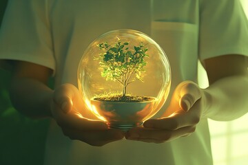 A person holding a glowing light bulb with a small tree growing inside, symbolizing hope, growth, and sustainability, minimalistic style