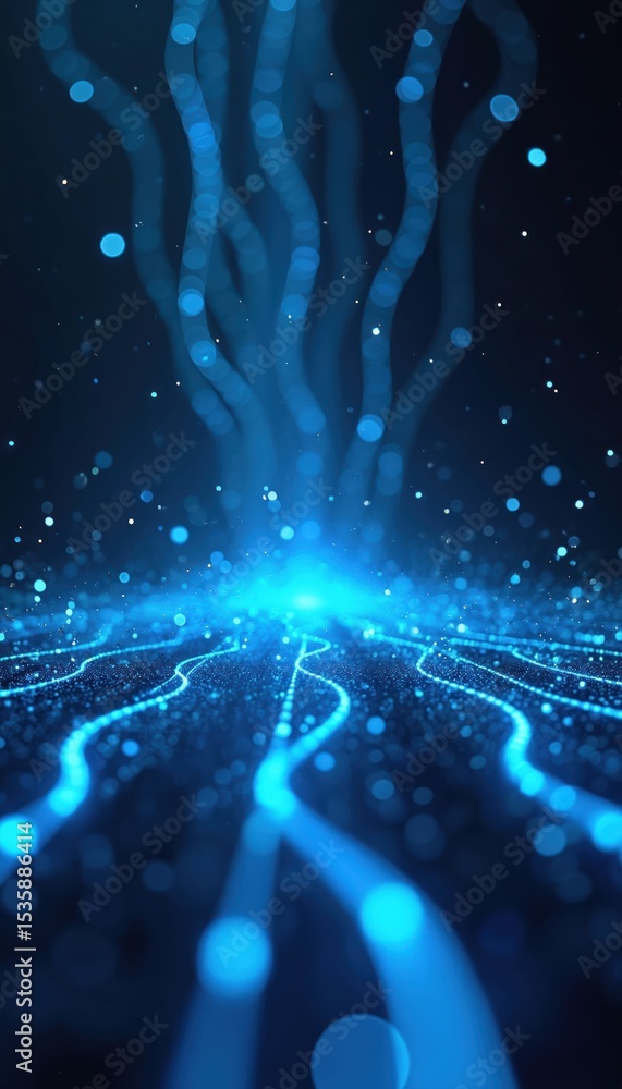 Poster abstract blue light trails, dots on dark background. glowing energy streams, futuristic tech backdro