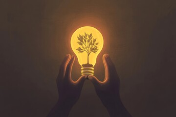 A person holding a glowing light bulb with a small tree growing inside, symbolizing hope, growth, and sustainability, minimalistic style