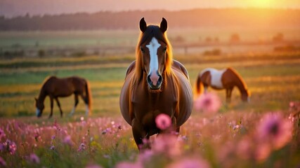 Horse standing in blooming flower field at sunset, rural landscape, grazing animals in background, summer pasture, peaceful countryside view - Powered by Adobe