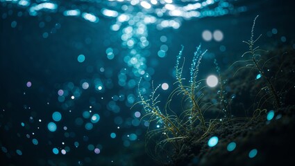 Serene underwater scene with bokeh lights and aquatic plants in tranquil blue.