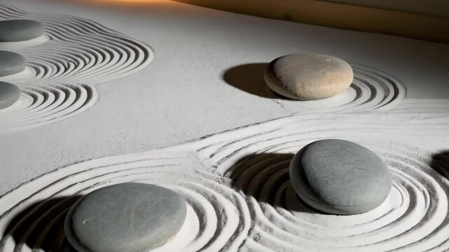 Calming zen garden featuring raked white sand with concentric patterns and smooth gray stones under soft, warm lighting