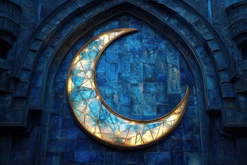 Crescent moon decoration on a blue building at dusk, illuminated against a cloudy sky in a cultural setting