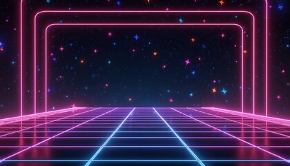 Retro neon grid background, colourful stars. Digital futuristic tech design, 80s 90s arcade video game aesthetic. Modern abstract illustration for wallpaper, poster, flier, screen, display, web