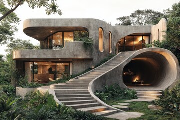 Modern landscape design featuring a serene garden with illuminated steps and a water feature surrounded by lush greenery