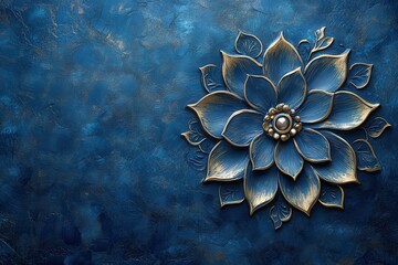 Beautiful blue and gold flower wall art creating an elegant atmosphere in a serene indoor setting