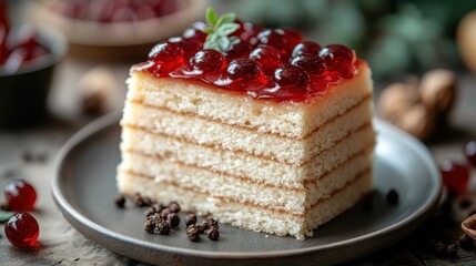 Layered cake slice with red jelly topping