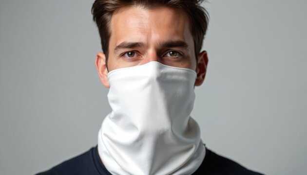 Man wears white neck gaiter buff. Face neck covering for outdoor activities. Versatile design for sports, promotional use. Protect against sun wind dust cold weather. Suitable for running hiking