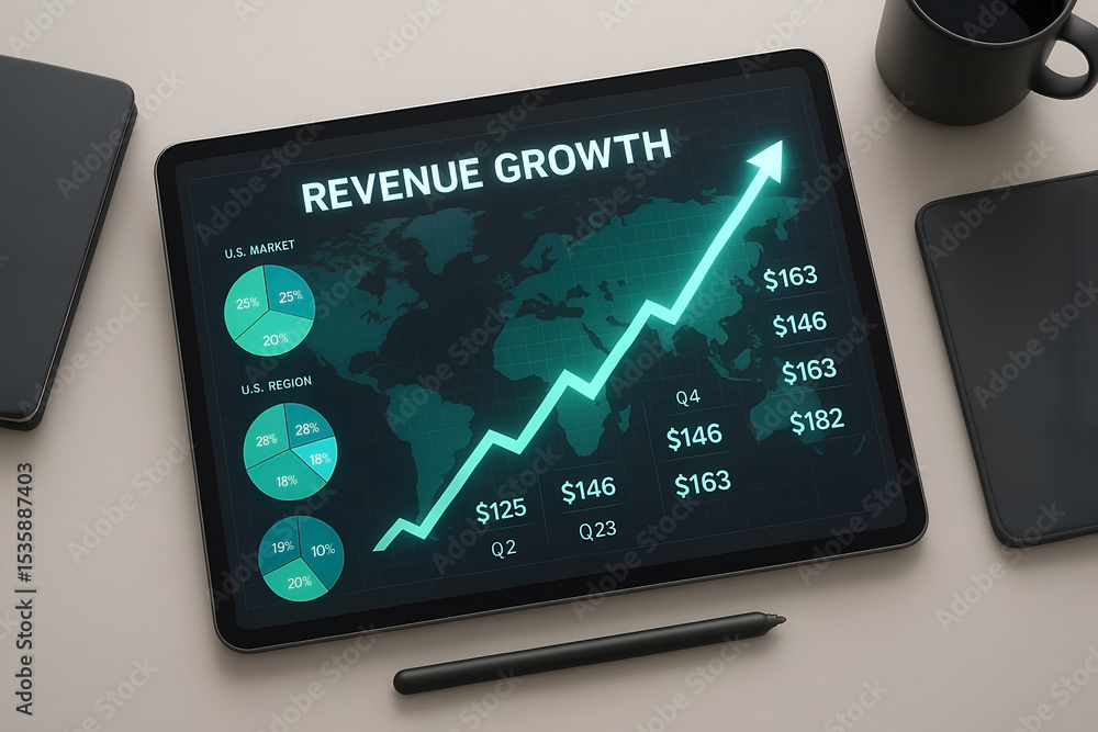 Poster a digital tablet displaying a revenue growth chart showcasing upward trends and financial data analy