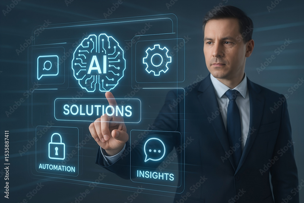 Poster a business professional interacting with artificial intelligence solutions interface for digital tra