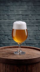 Craft beer barrel local concept. A frothy glass of beer sits on a wooden barrel against a textured wall.