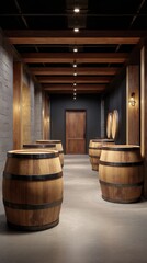 Craft beer barrel local concept. Wooden barrels line a stylish corridor with rustic design elements and soft lighting.