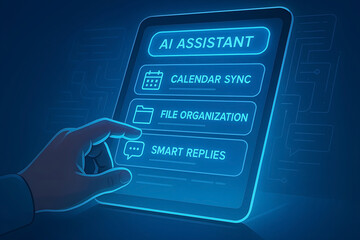 A digitally rendered image portraying an ai assistant app on a tablet with features like calendar sync file organization and smart replies shown in a futuristic user interface