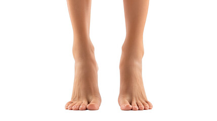 Perfect smooth woman's feet with light pink nail polish shown on transparent background, ready for easy integration into any design project