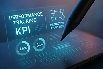 A tablet displaying performance tracking and kpi metrics alongside predictive analytics as stylus interacts with the interface