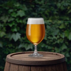 Craft beer barrel local concept. A glass of beer sits on a wooden barrel with a blurred green background.