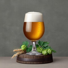 Craft beer barrel local concept. A frosty beer glass sits on a wooden base with hops and wheat beside it.