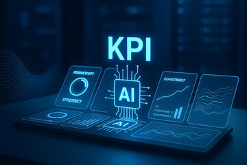 Artificial intelligence and kpi visualization depicting data analysis productivity and business intelligence on a futuristic interface