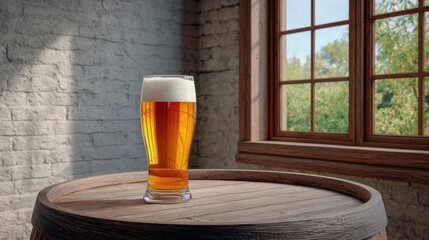 Craft beer barrel local concept. A pint of beer rests on a wooden barrel, illuminated by sunlight streaming through a window.