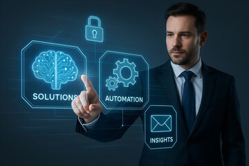 Businessman interacting with futuristic digital interface demonstrating solutions automation and business insights for success