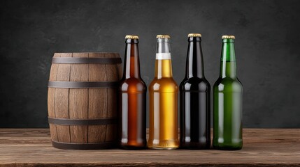 Craft beer barrel local concept. Craft beer bottles arranged beside a wooden barrel on a rustic table.