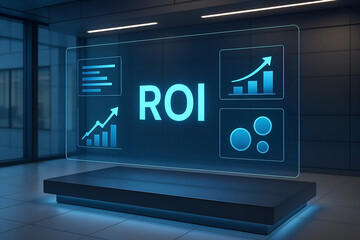 Conceptual visualization of return on investment with digital interface displaying data visualizations and charts in a modern interior setting, financial analysis concept.