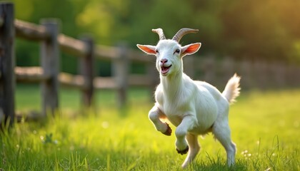 Obraz premium Playful goat runs through green meadow. White animal with horns jumps, shows tongue, expression happy, in sunlight. Summer season, countryside, agriculture, farm life, domestic pet concept.