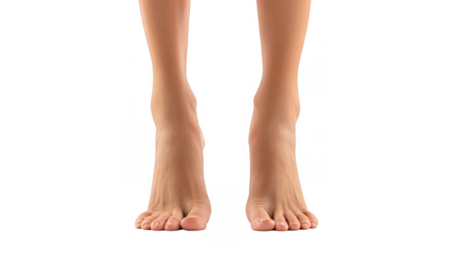 Perfect smooth woman's feet with light pink nail polish shown on transparent background, ready for easy integration into any design project