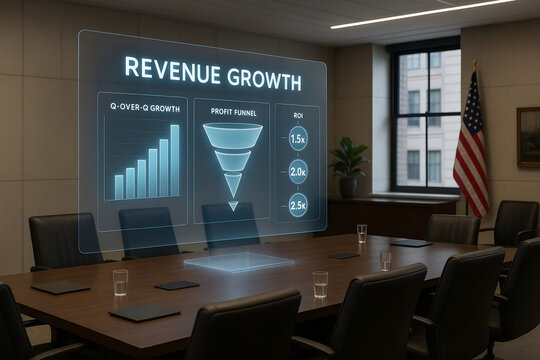 Business meeting in a modern office setting with holographic projection depicting revenue growth and financial metrics on a boardroom table