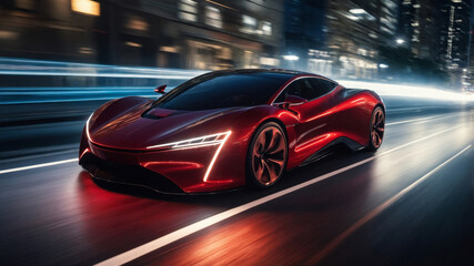 Naklejka premium A striking red sports car races through a vibrant, illuminated cityscape at night.