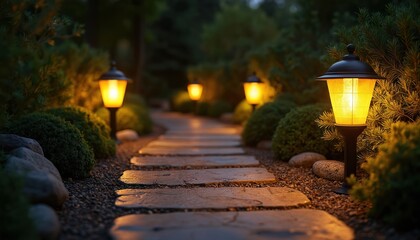 Naklejka na ściany i meble Solar lanterns illuminate stone garden path at night. Warm lights along pathway through green bushes, trees. Night photography for landscaping, home decor, outdoor design inspiration.