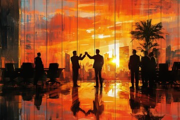 Team members celebrate a successful project completion in a modern office during afternoon sunlight